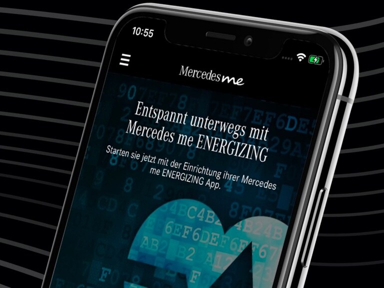 The Mercedes me ENERGIZING App is open on a smartphone and the first steps for the set-up are displayed The Mercedes me ENERGIZING App is open on a smartphone and the first steps for the set-up are displayed